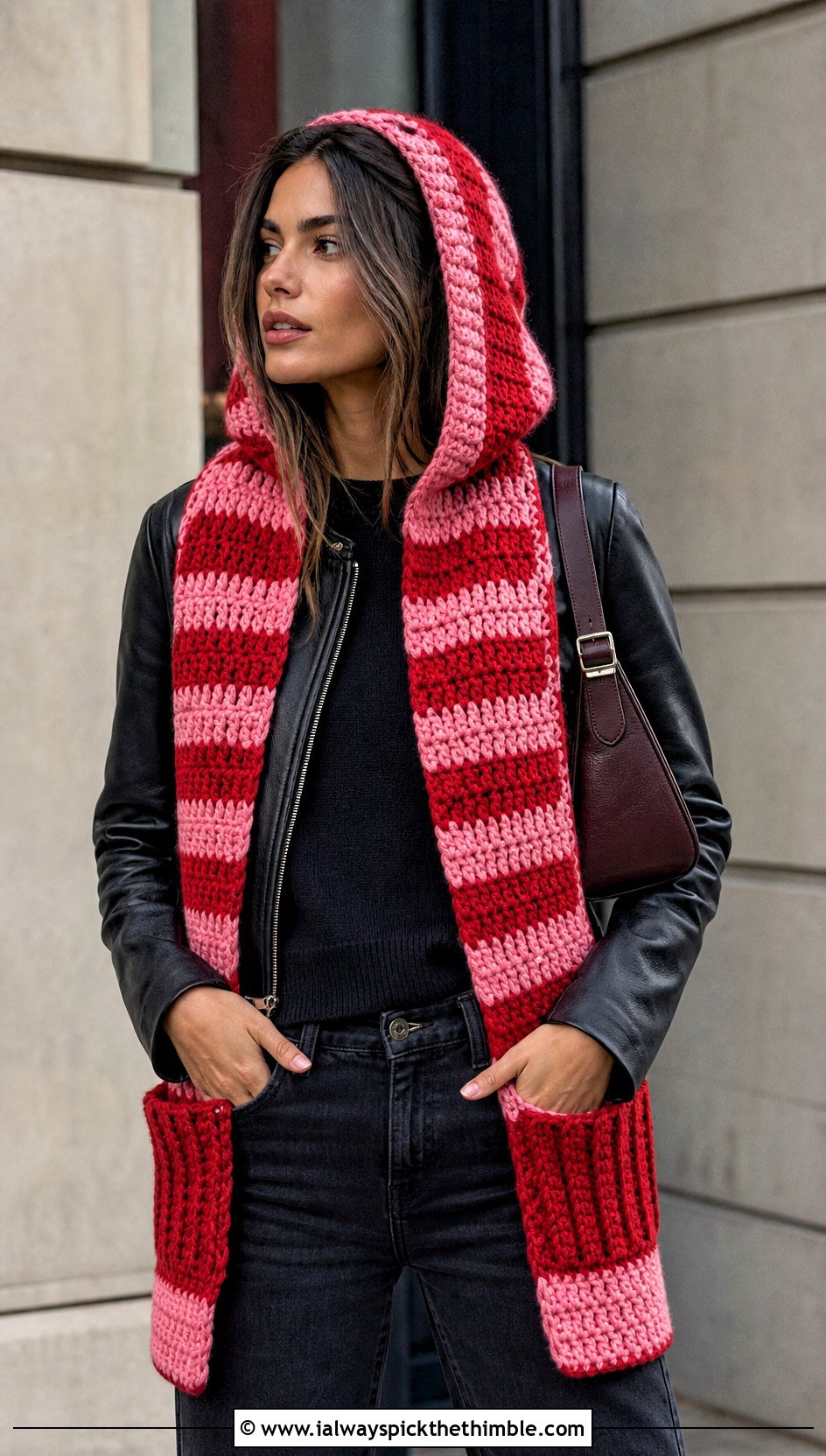Striped Woodland Hooded Crochet Scarf With Leather Jacket - 15 Woodland Hooded Crochet Scarf outfit ideas