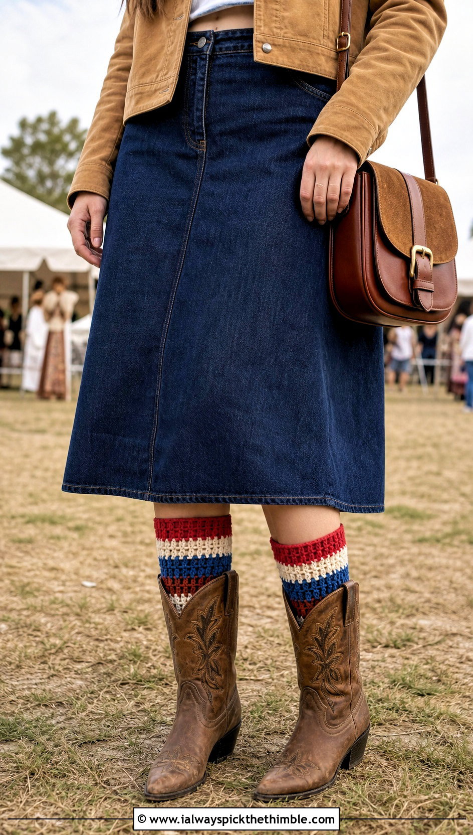 Striped Wool Crochet Mid Calf Socks With Western Boots - 20 Wool Crochet Sock outfit ideas
