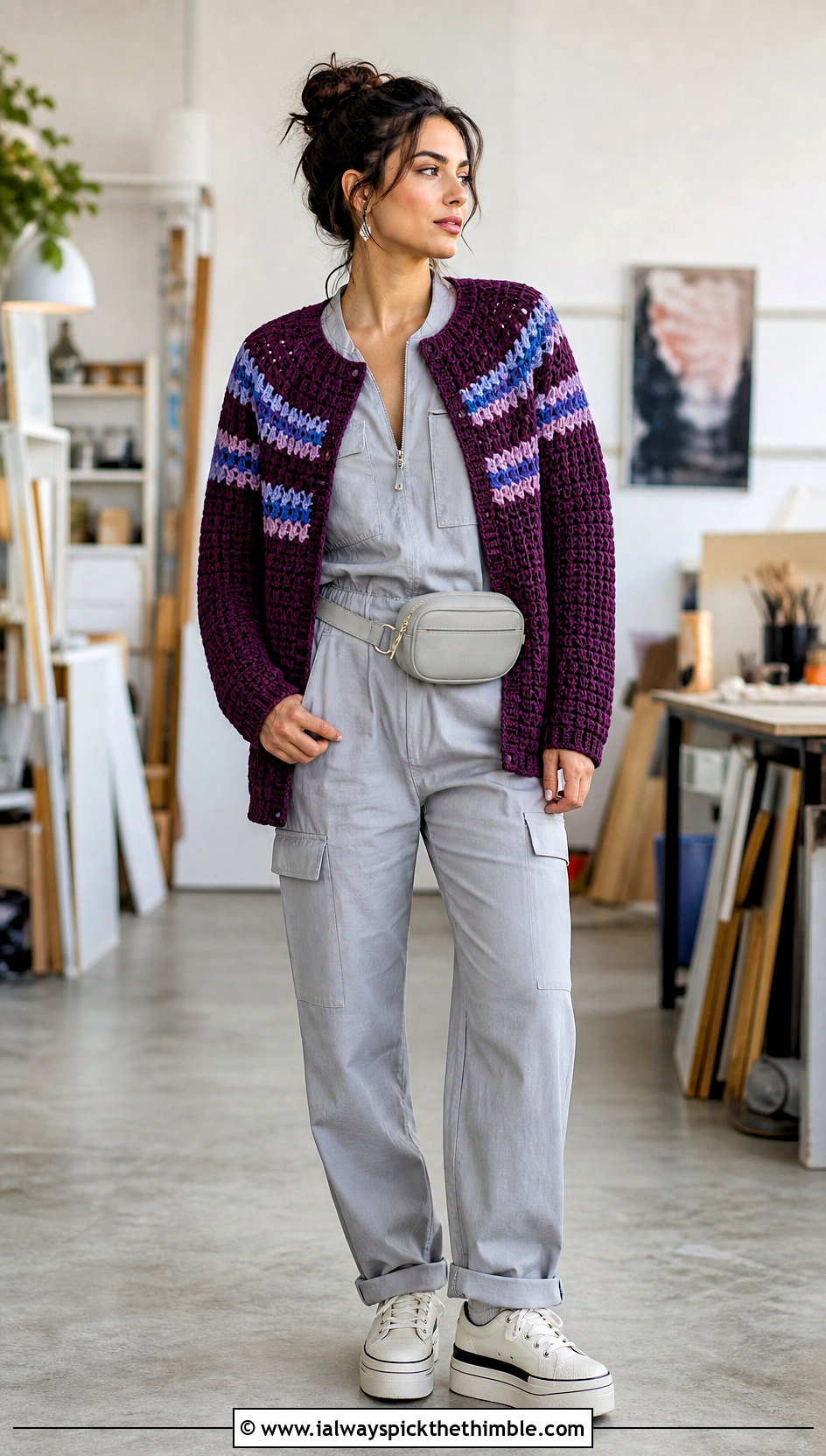 Striped Yoke Cardigan With Utility Jumpsuit - 20 Crochet Yoke Cardigan outfit ideas