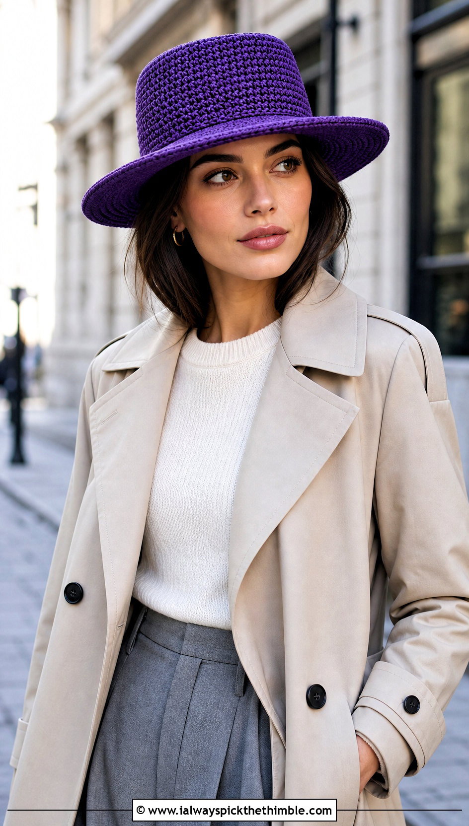 Structured Brim Crochet Fedora Hat With Trench Coat - 20 crochet fedora hat outfit ideas