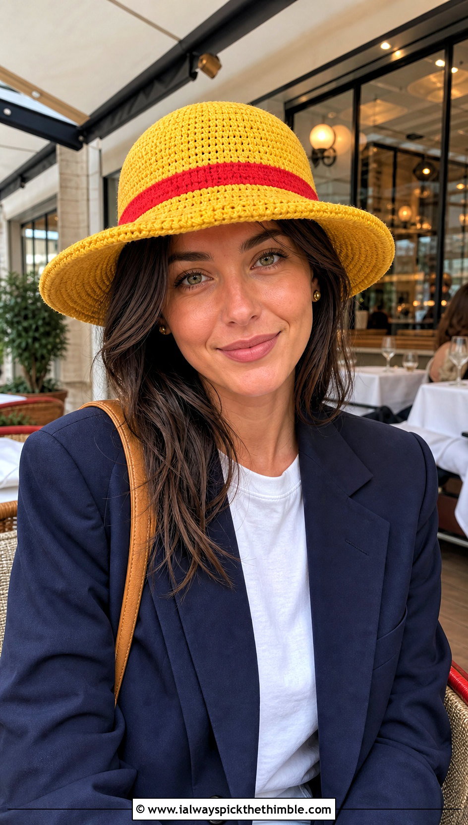 Structured Brim Crochet Luffy Hat With Blazer And Jeans - 15 Crochet Luffy One Piece Hat outfit ideas