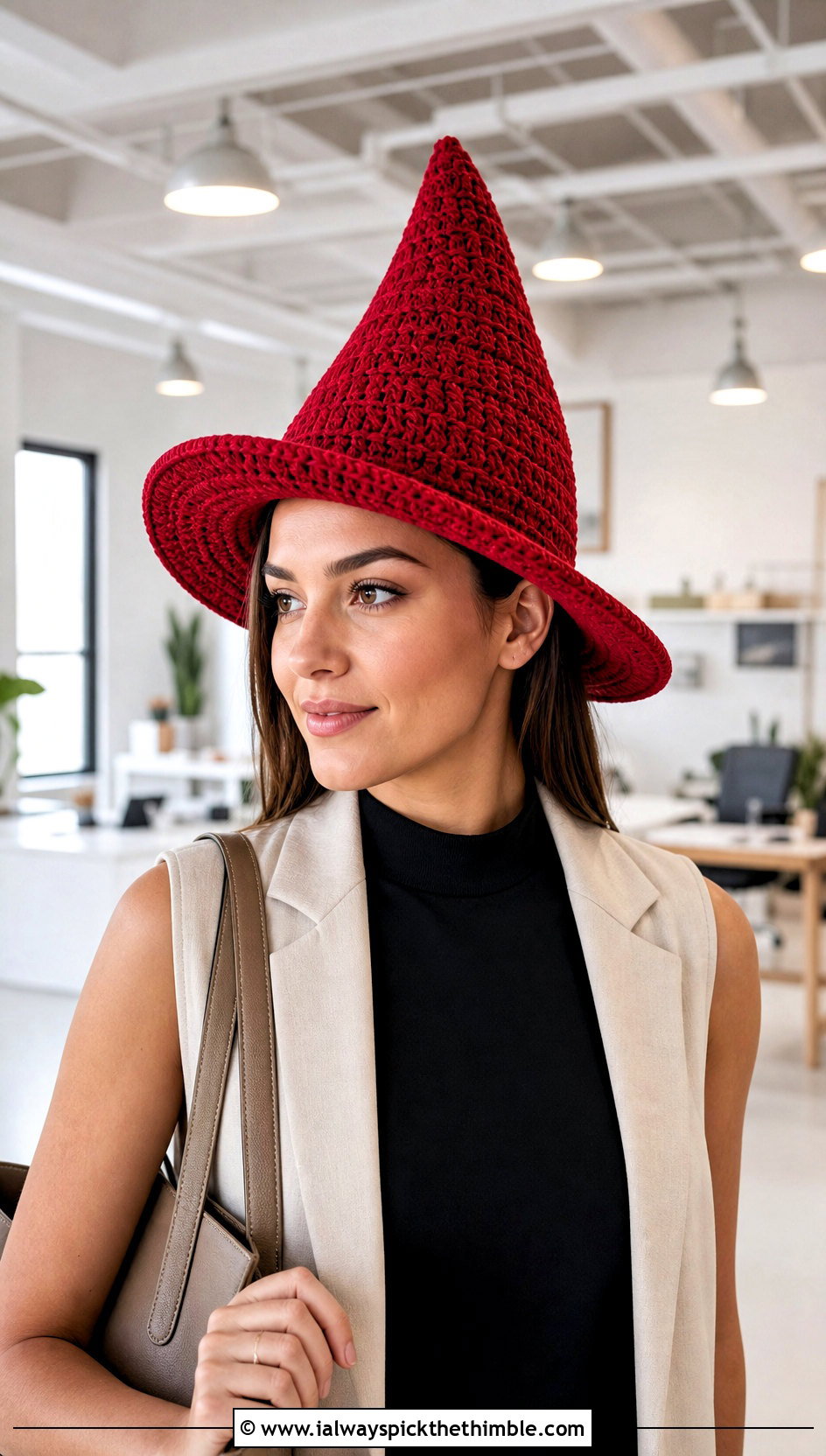 Structured Brim Crochet Witch Hat With Office Outfit - 25 crochet witch hat outfit ideas