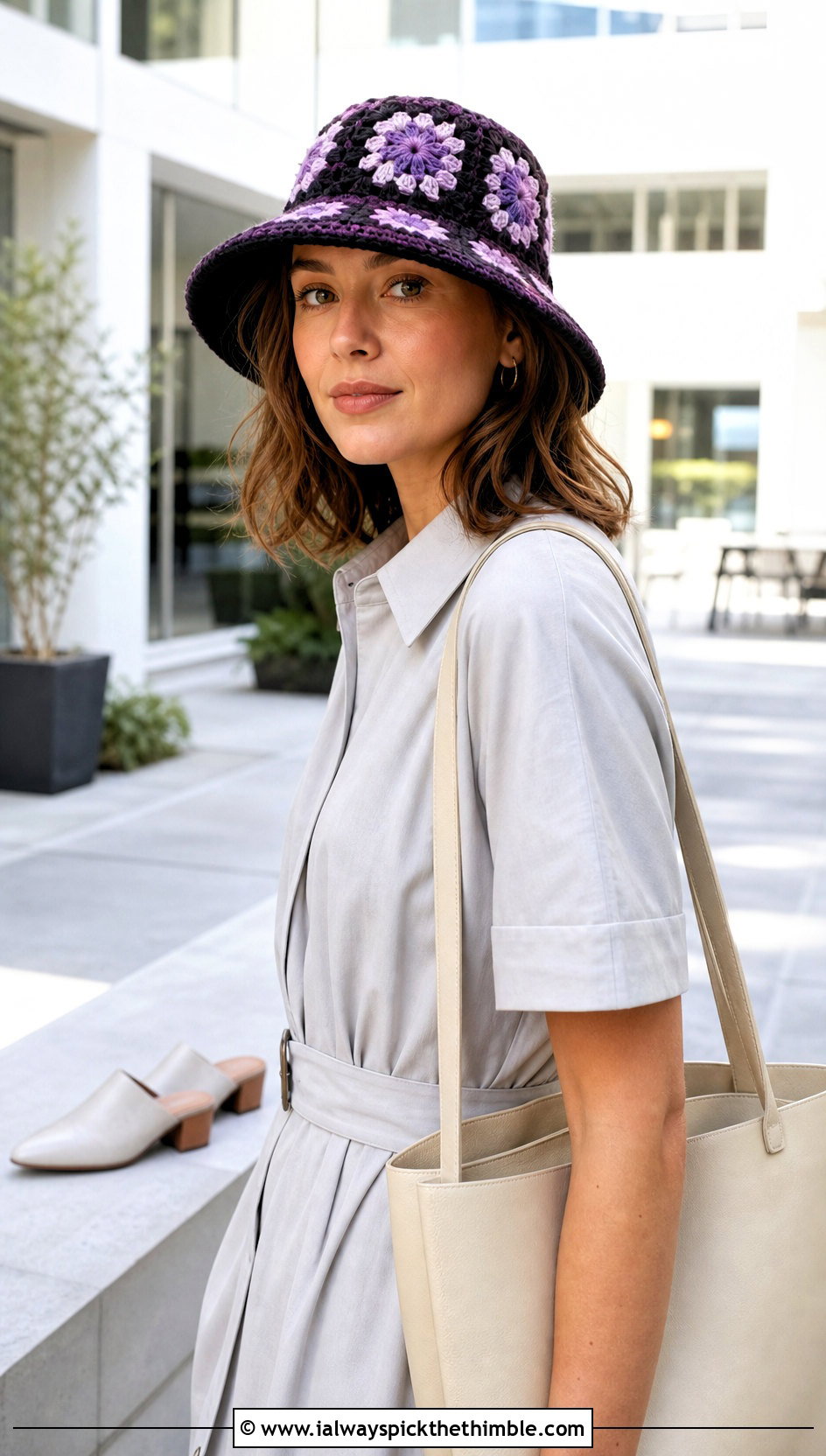 Structured Brim Granny Hat With Shirtdress And Mules - 20 crochet granny hat outfit ideas