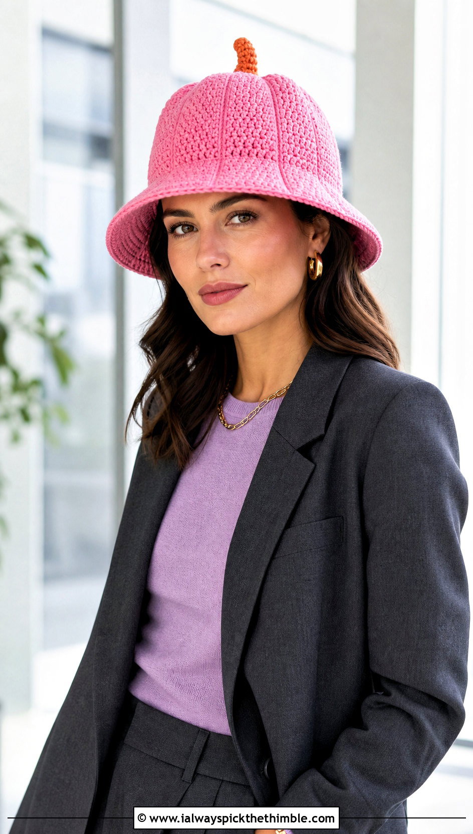 Structured Brim Pumpkin Bucket Hat With Pantsuit - 20 crochet pumpkin bucket hat outfit ideas