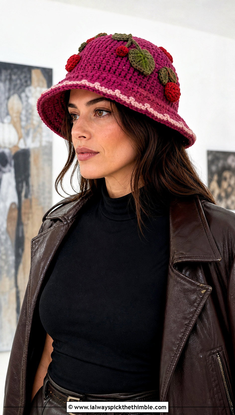 Structured Brim Strawberry Shortcake Crochet Hat With Leather Skirt - 20 Strawberry Shortcake Crochet Hat outfit ideas