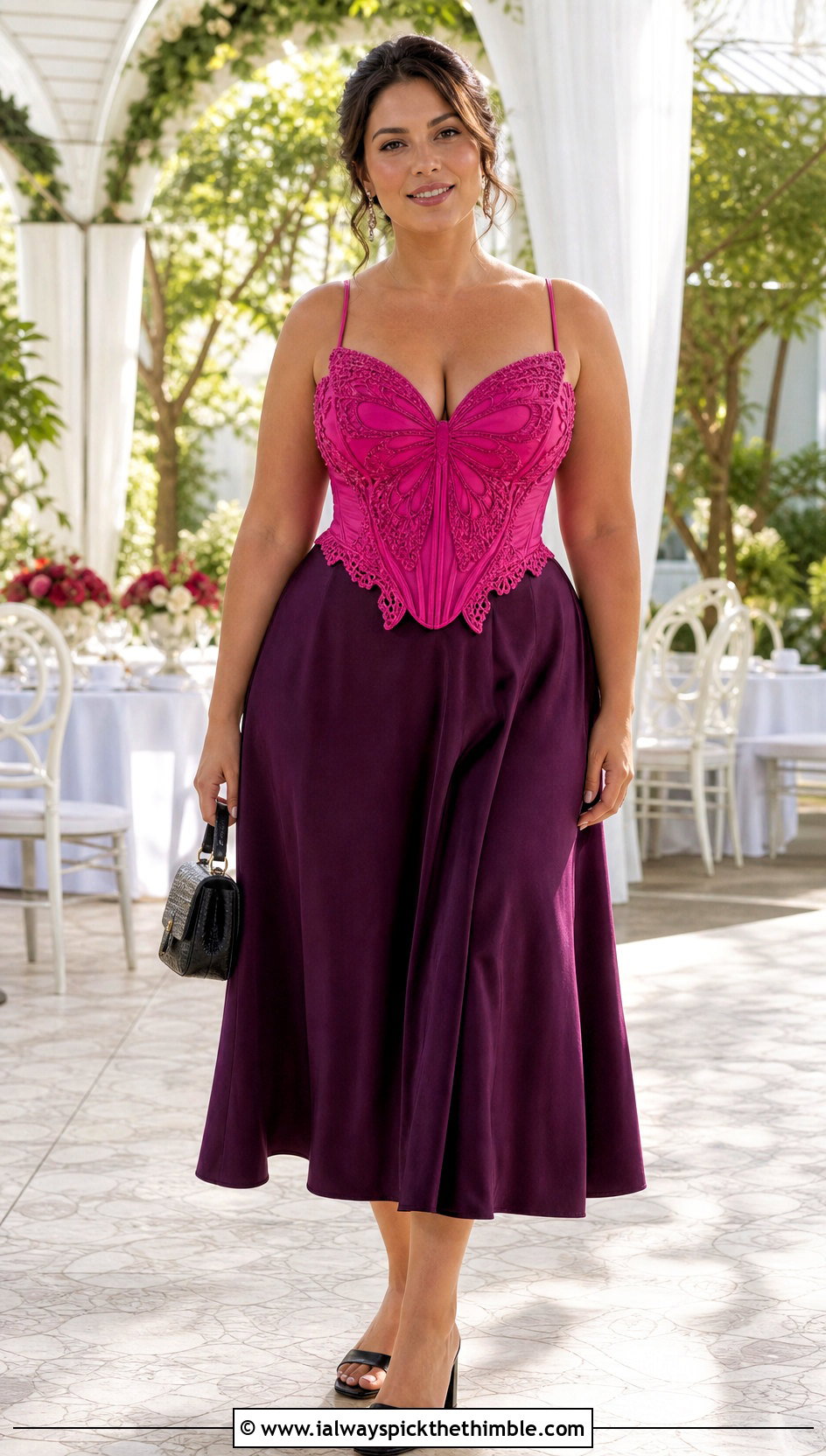 Structured Butterfly Corset Top With A Line Midi Skirt - 20 pink butterfly crochet top outfit ideas
