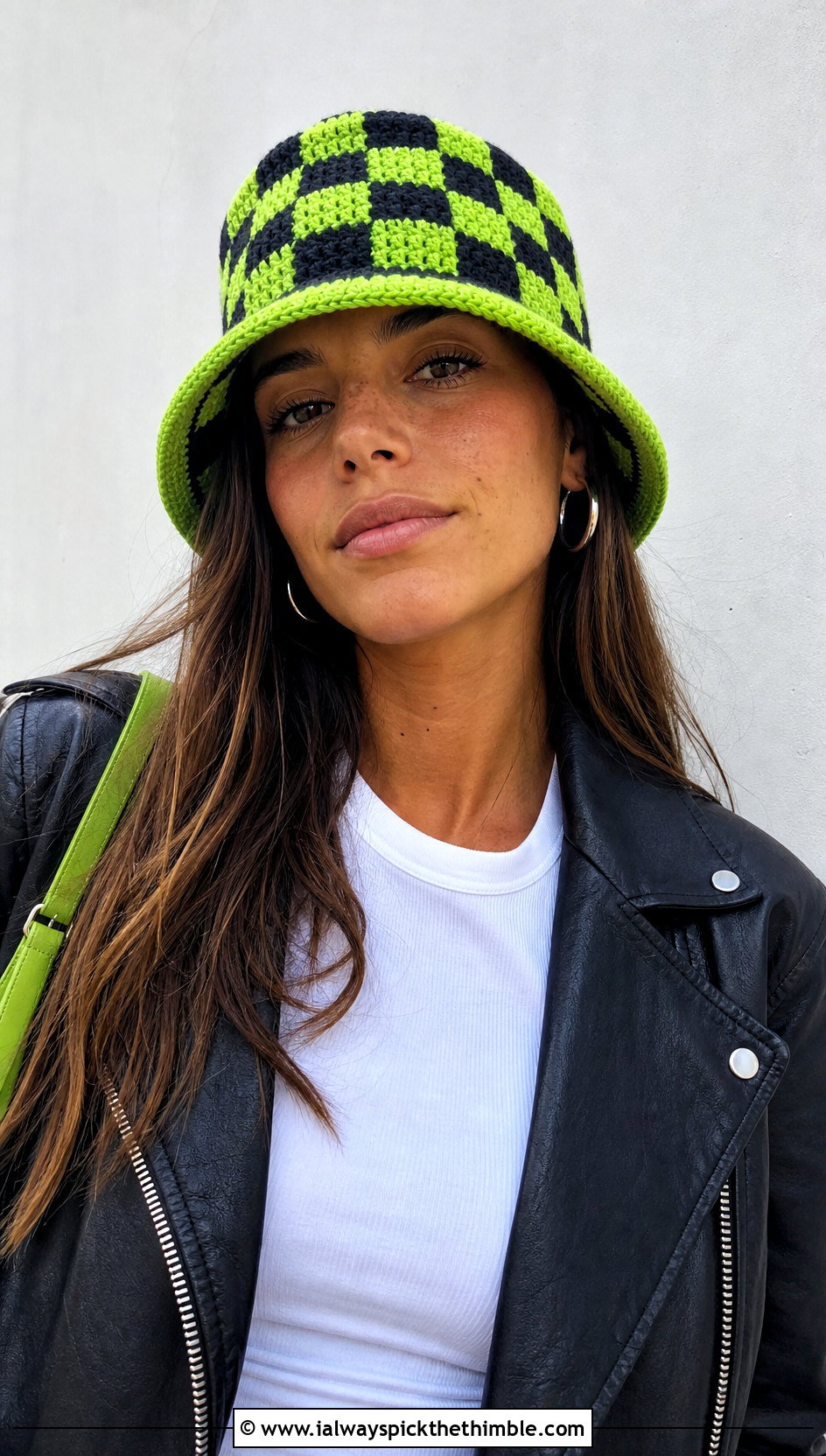 Structured Checkerboard Crochet Bucket Hat With Leather Jacket - 20 checkerboard crochet bucket hat outfit ideas