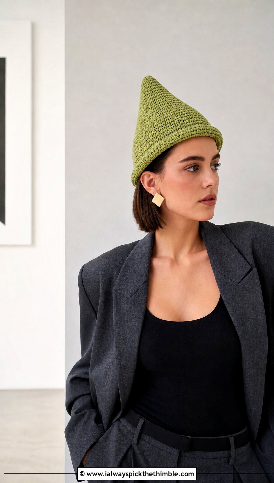 Structured Cone Crochet Pointed Hat With Trouser Suit - 20 Crochet Pointed Hat outfit ideas