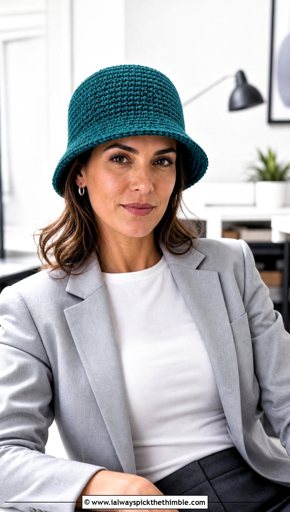 Structured Crochet Bucket Hat With Blazer And Trousers - 25 women crochet hat outfit ideas
