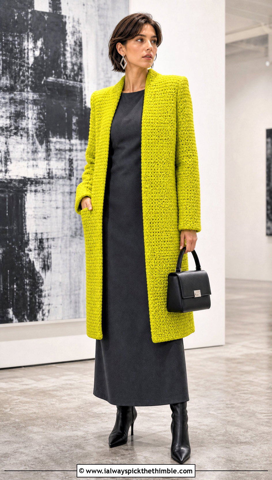Structured Crochet Coatigan With Column Dress - 20 cute crochet cardigans outfit ideas