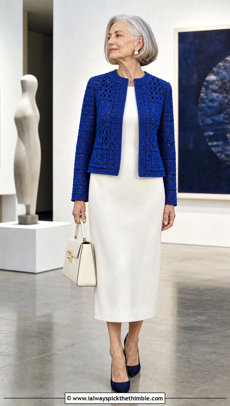 Structured Crochet Jacket With Column Dress - 25 crochet outfit ideas