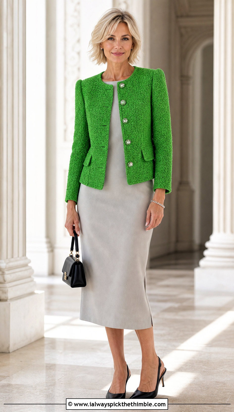 Structured Crochet Jacket With Column Dress - 25 crochet garments outfit ideas