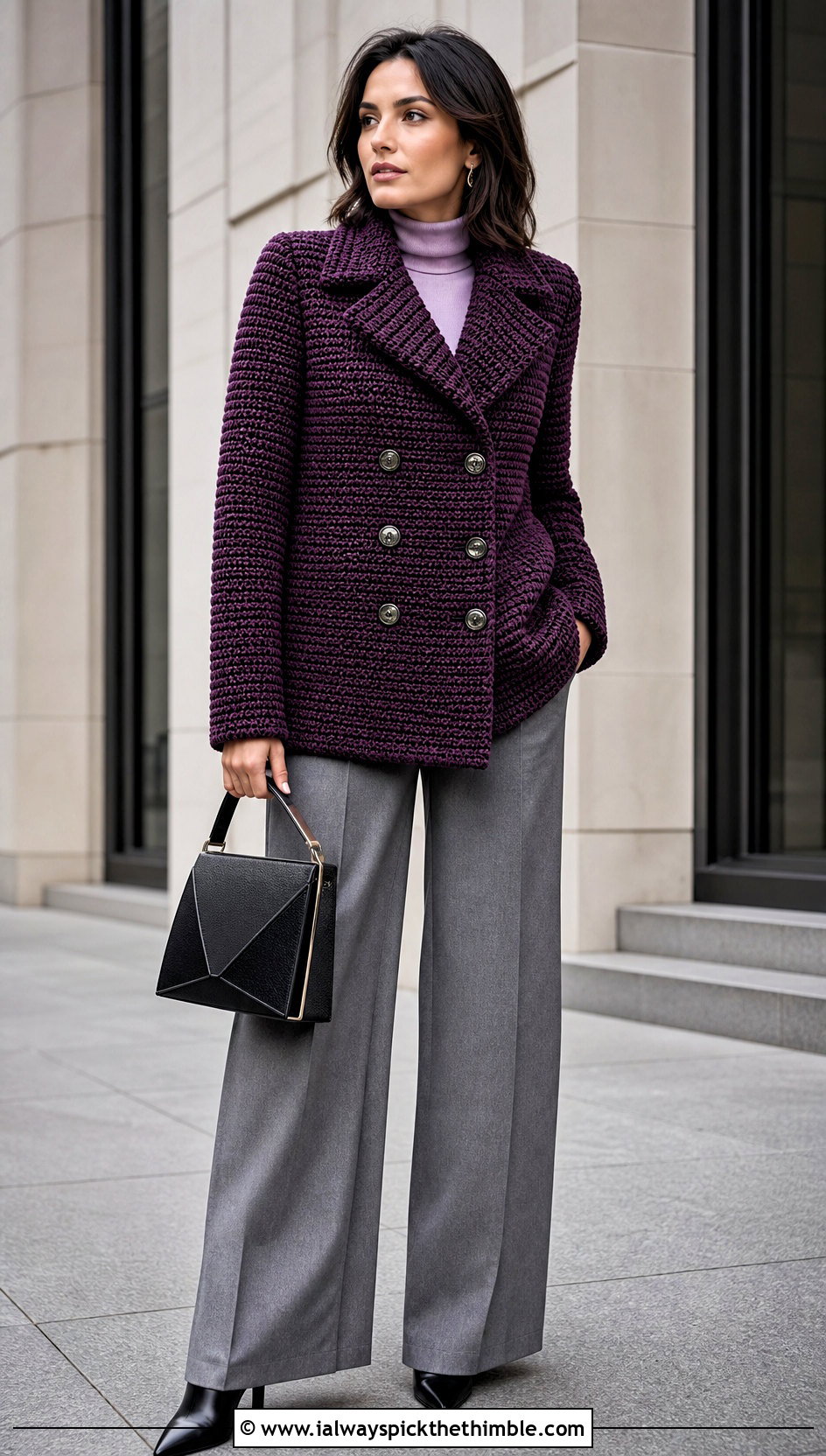 Structured Crochet Peacoat With Wide Leg Pants - 20 women crochet coat outfit ideas