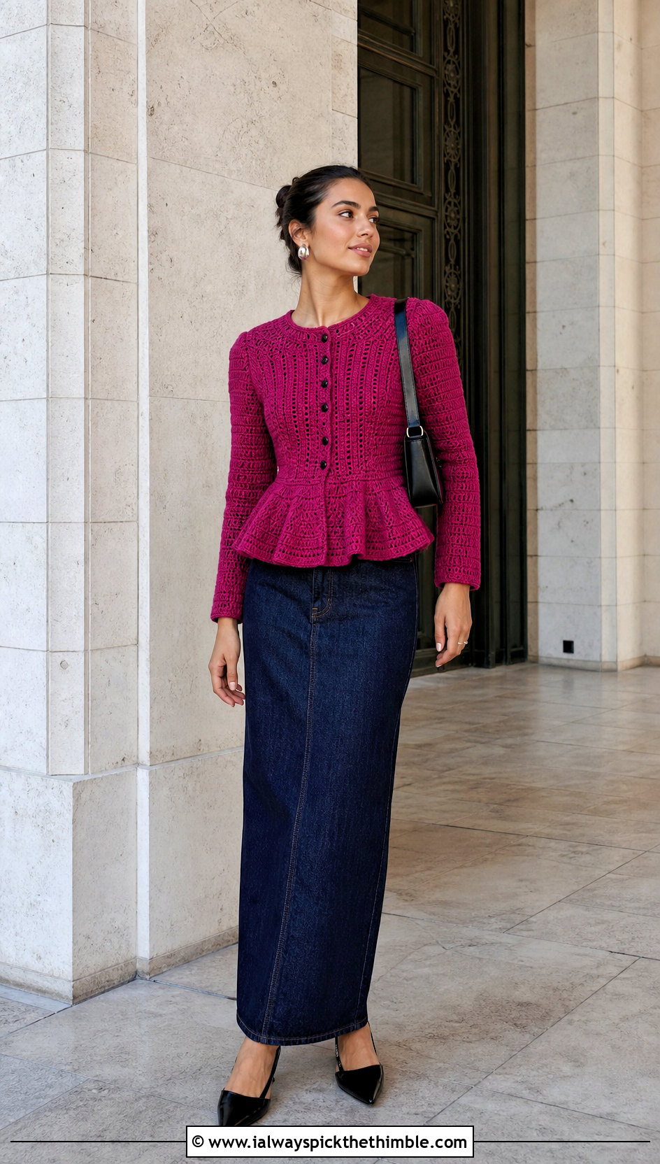 Structured Crochet Peplum Jacket With Maxi Skirt - 15 crochet peplum jacket outfit ideas