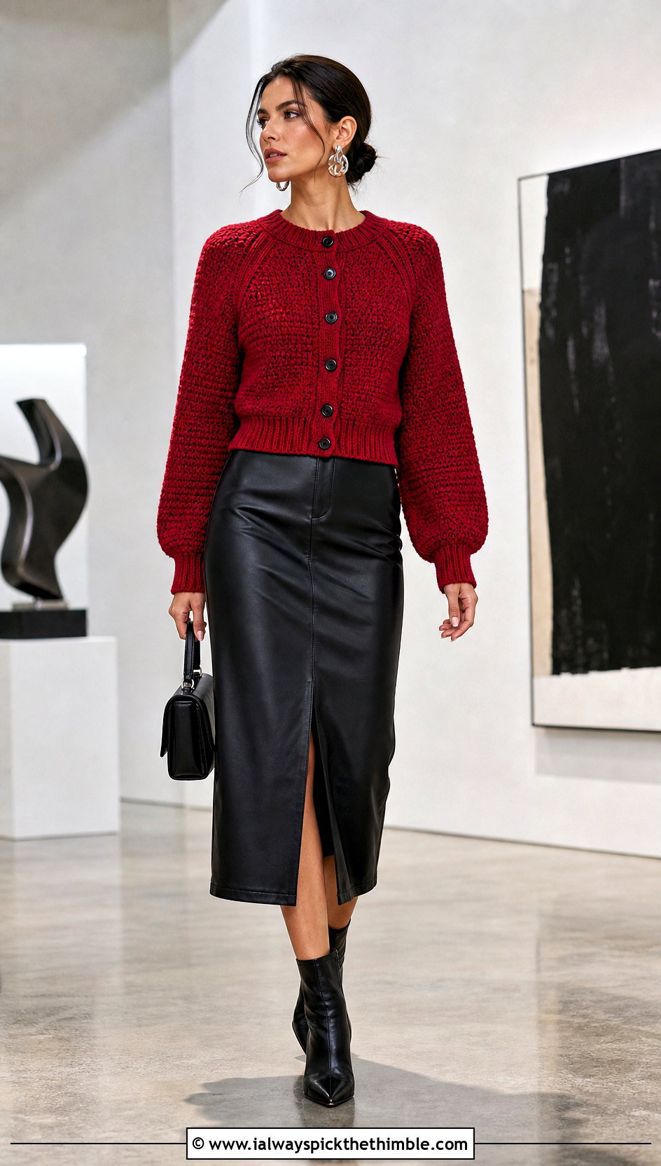 Structured Raglan Crochet Button Sweater With Leather Midi Skirt - 20 Crochet Button Sweater outfit ideas