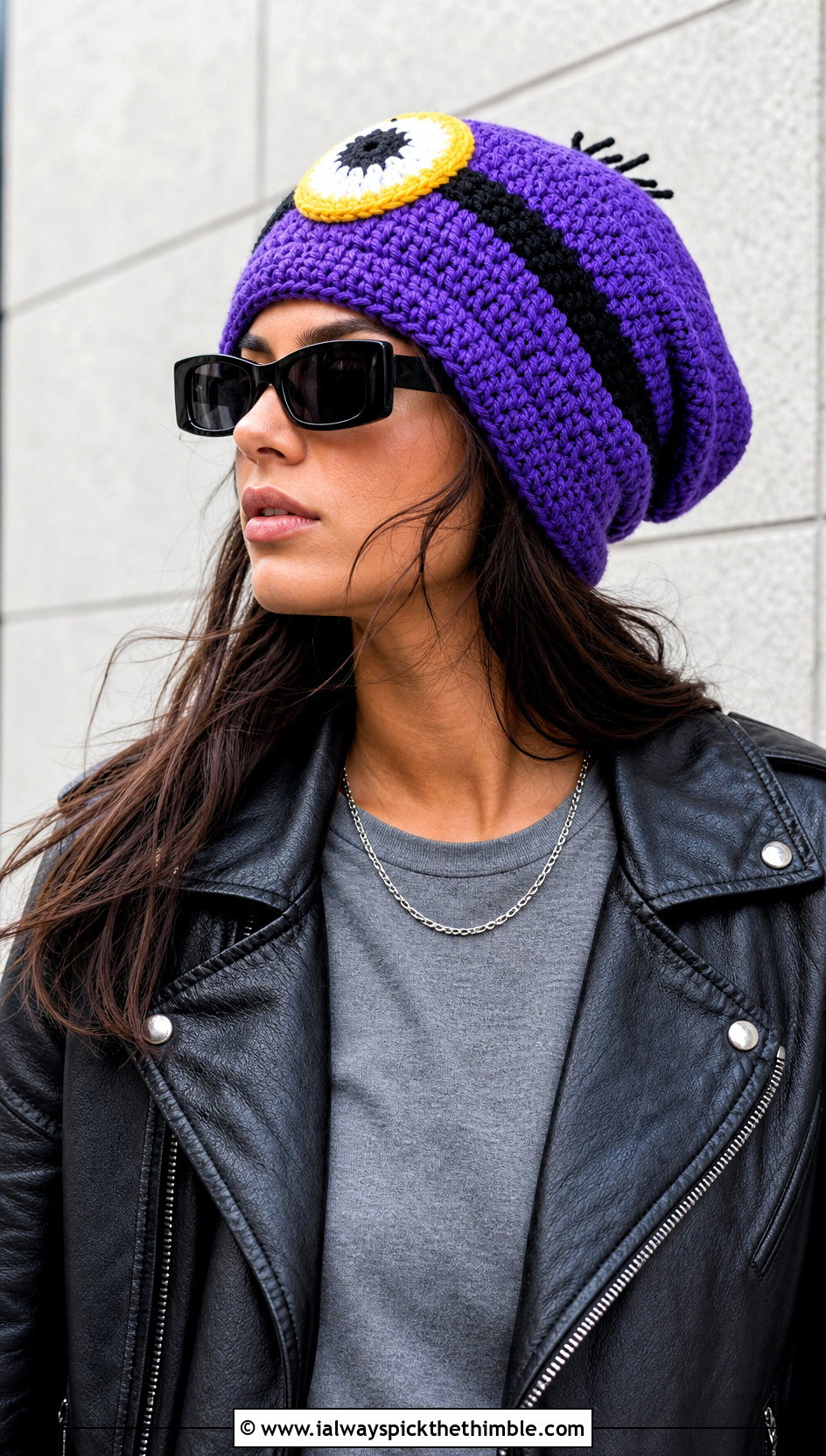 Stuart Minion Crochet Slouchy Hat With Leather Jacket - 15 Minion Crochet Hat outfit ideas