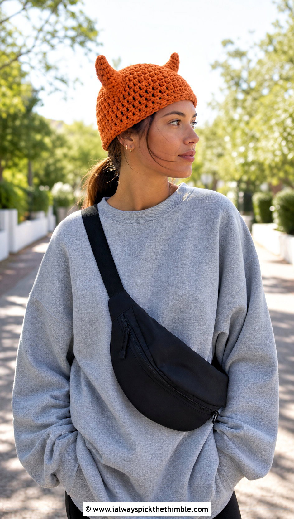 Stub Horn Crochet Beanie With Sweatshirt And Biker Shorts - 20 Crochet Horned Beanie outfit ideas