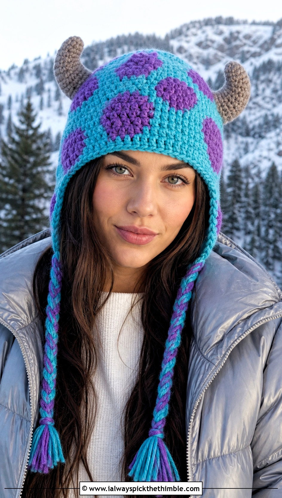 Sulley Horned Crochet Earflap Hat With Puffer Jacket - 20 Monsters Inc Crochet Hat outfit ideas