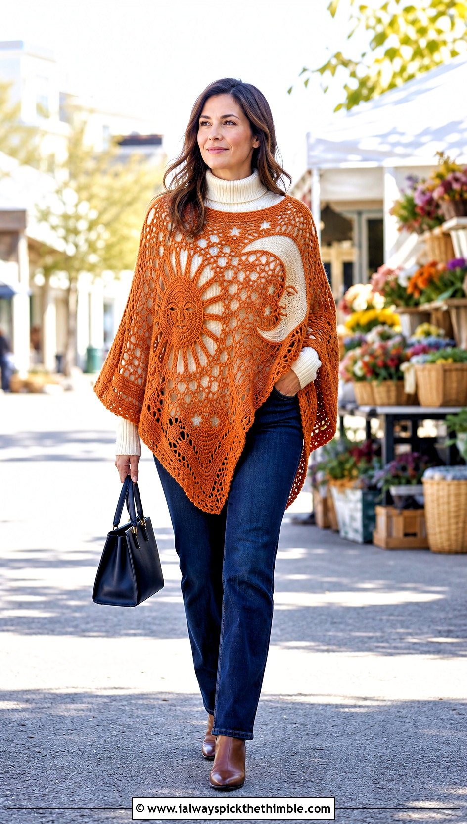 Sun And Moon Crochet Poncho With Straight Leg Jeans - 25 fantasy crochet clothes and outfit ideas
