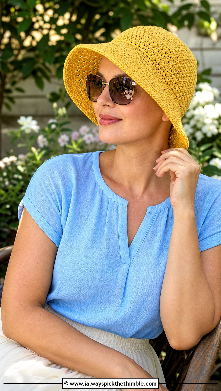 Sun Brim Crochet Chemo Cap With Maxi Skirt - 20 Crochet Summer Chemo Caps outfit ideas