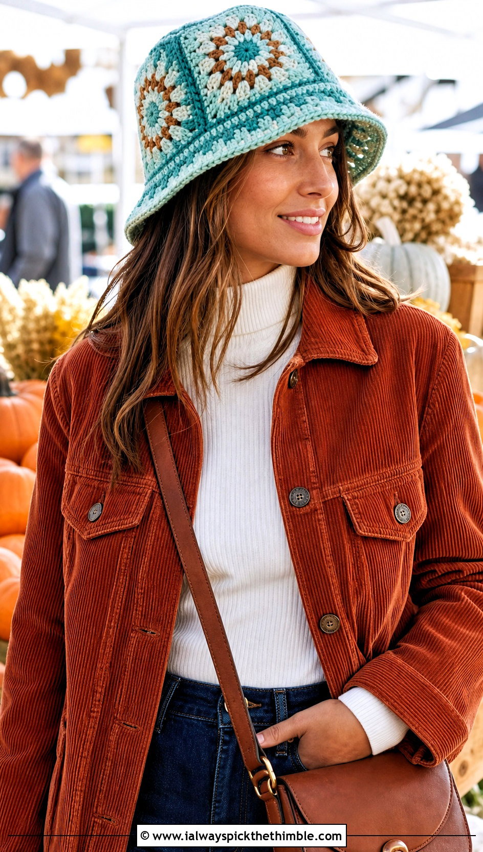 Sunburst Chunky Crochet Bucket Hat With Corduroy Jacket - 20 Chunky Crochet Bucket Hat outfit ideas
