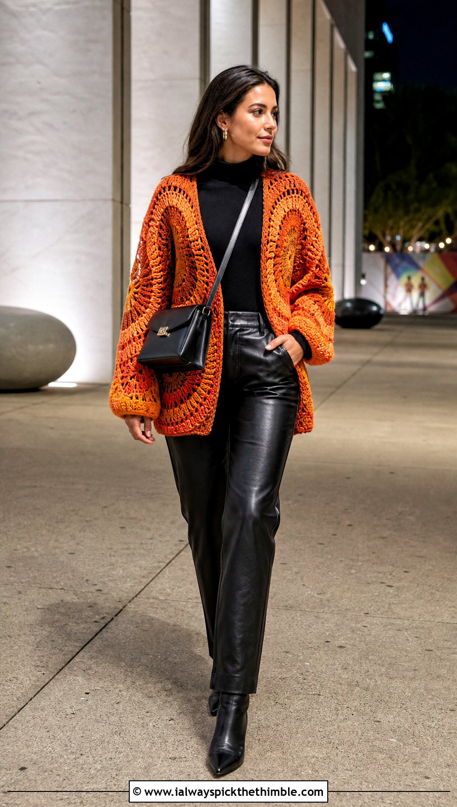 Sunburst Circle Crochet Cardigan With Leather Pants - 20 circle crochet cardigan outfit ideas