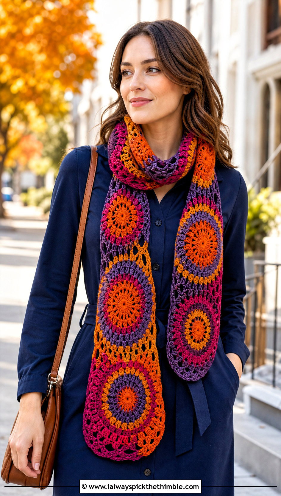 Sunburst Circle Crochet Scarf With Shirt Dress And Knee High Boots - 15 crochet scarf with colorful circles outfit ideas