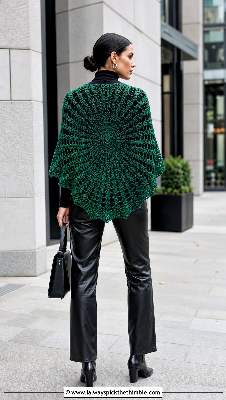 Sunburst Circle Crochet Shawl With Leather Pants - 20 Circle Crochet Shawl outfit ideas