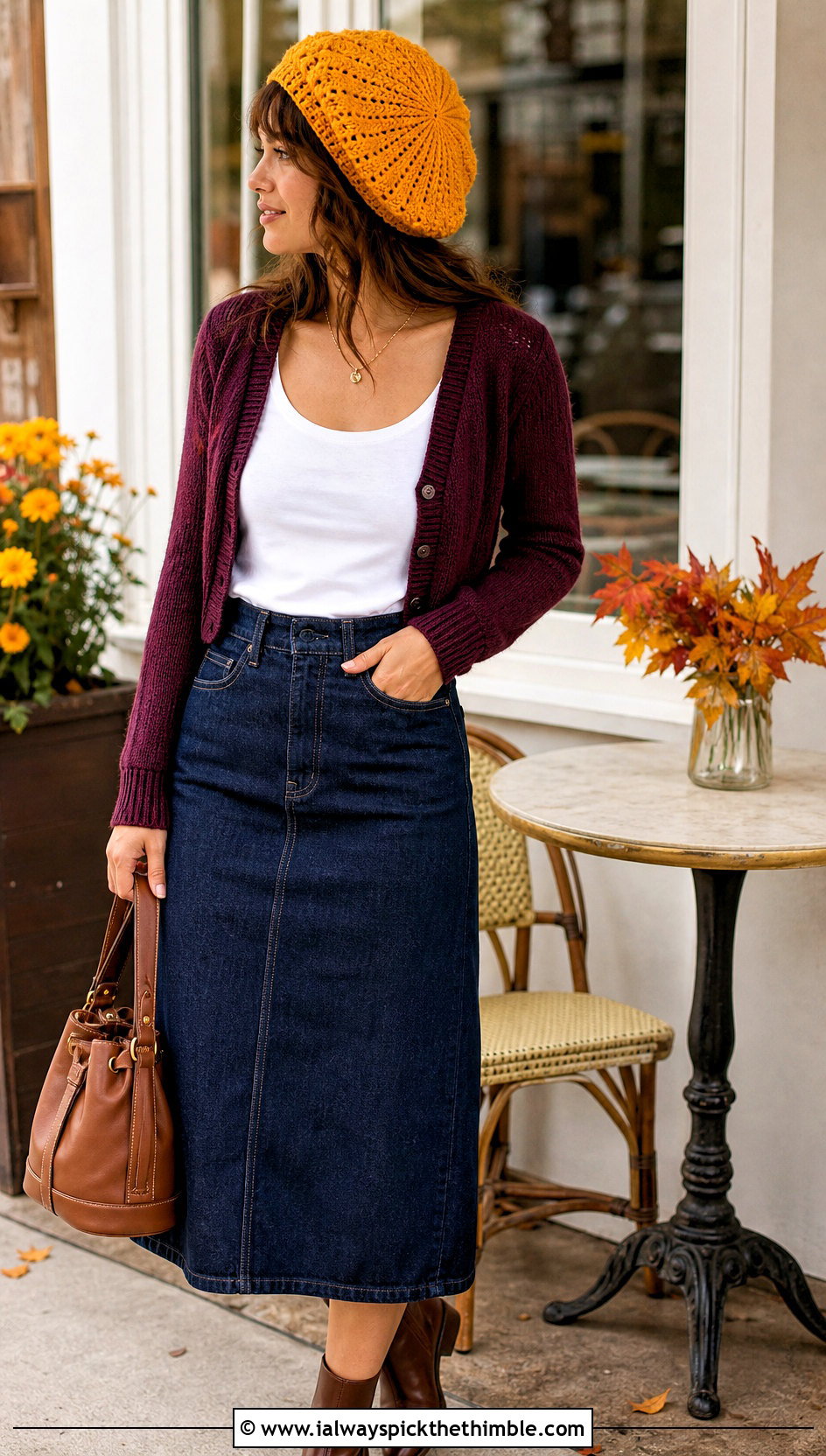 Sunburst Crochet Beret With Cardigan And Denim Skirt - 20 flat crochet hat outfit ideas