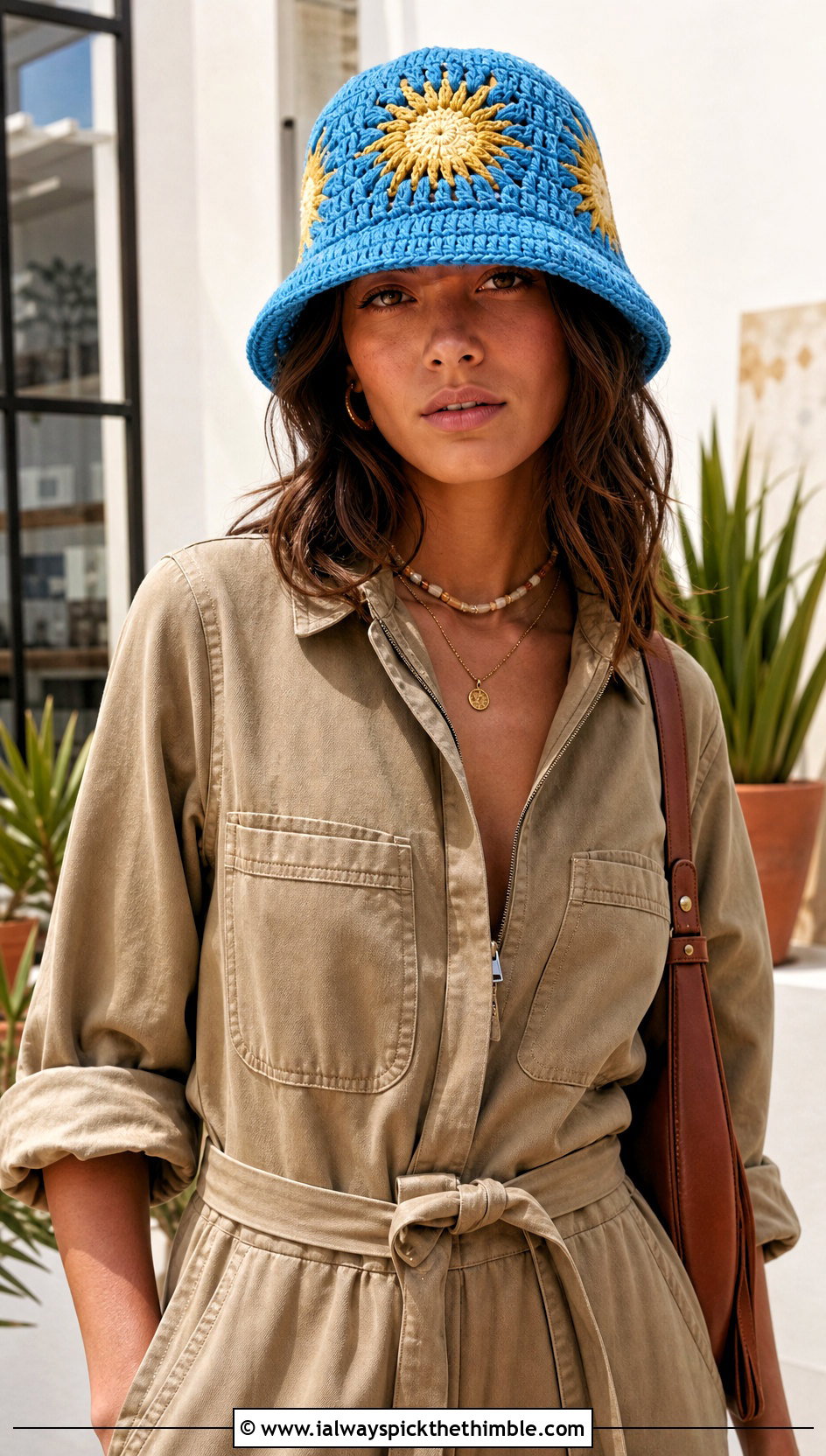 Sunburst Crochet Bucket Hat With Utility Jumpsuit - 20 easy crochet bucket hat outfit ideas