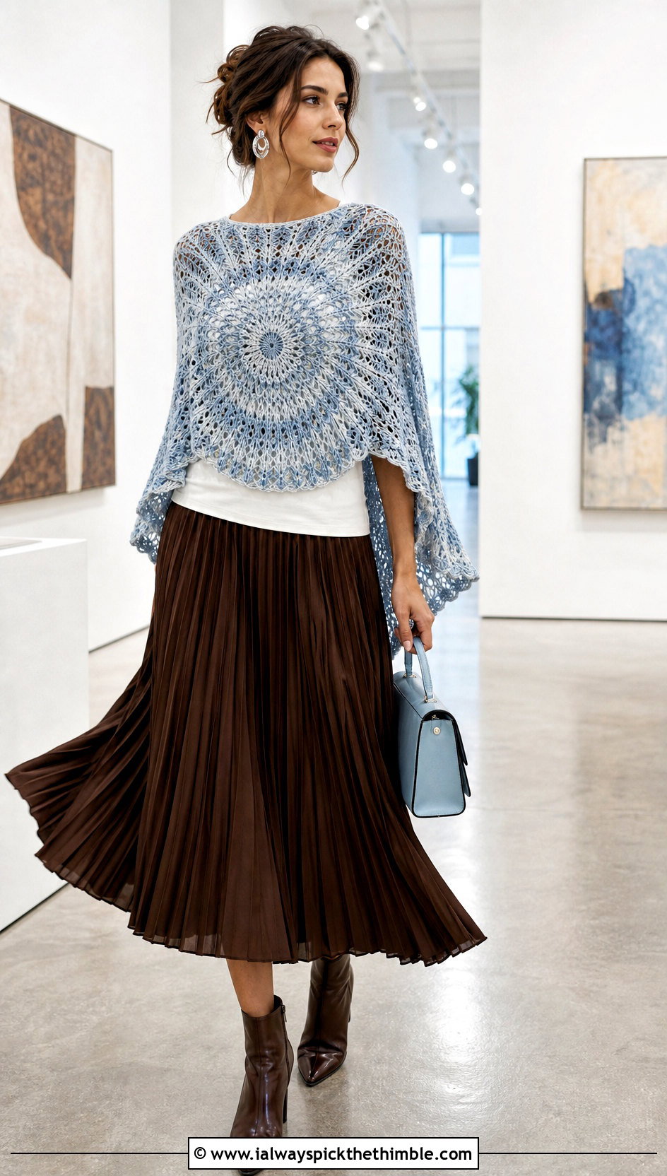 Sunburst Crochet Circular Poncho With Pleated Skirt - 20 Crochet Circular Poncho outfit ideas