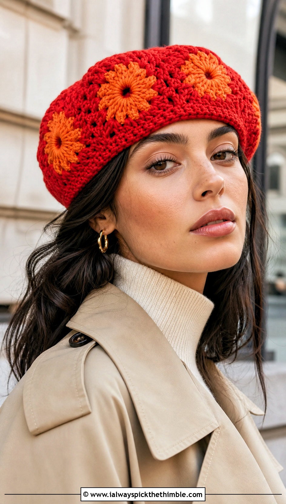 Sunburst Crochet Granny Square Beret With Trench Coat - 20 Crochet Granny Square Beret outfit ideas