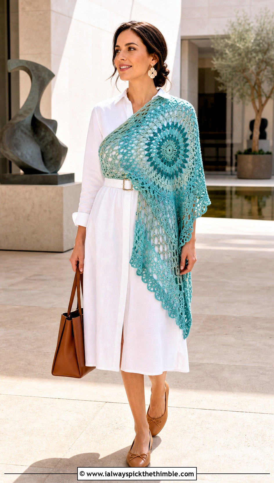 Sunburst Crochet Mandala Shawl With Shirt Dress - 20 Crochet Mandala Shawl outfit ideas