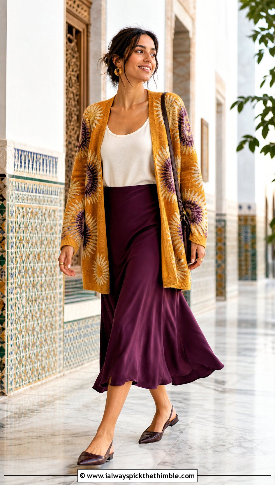 Sunburst Flower Cardigan With Bias Cut Midi Skirt - 20 Flower Crochet Cardigan outfit ideas