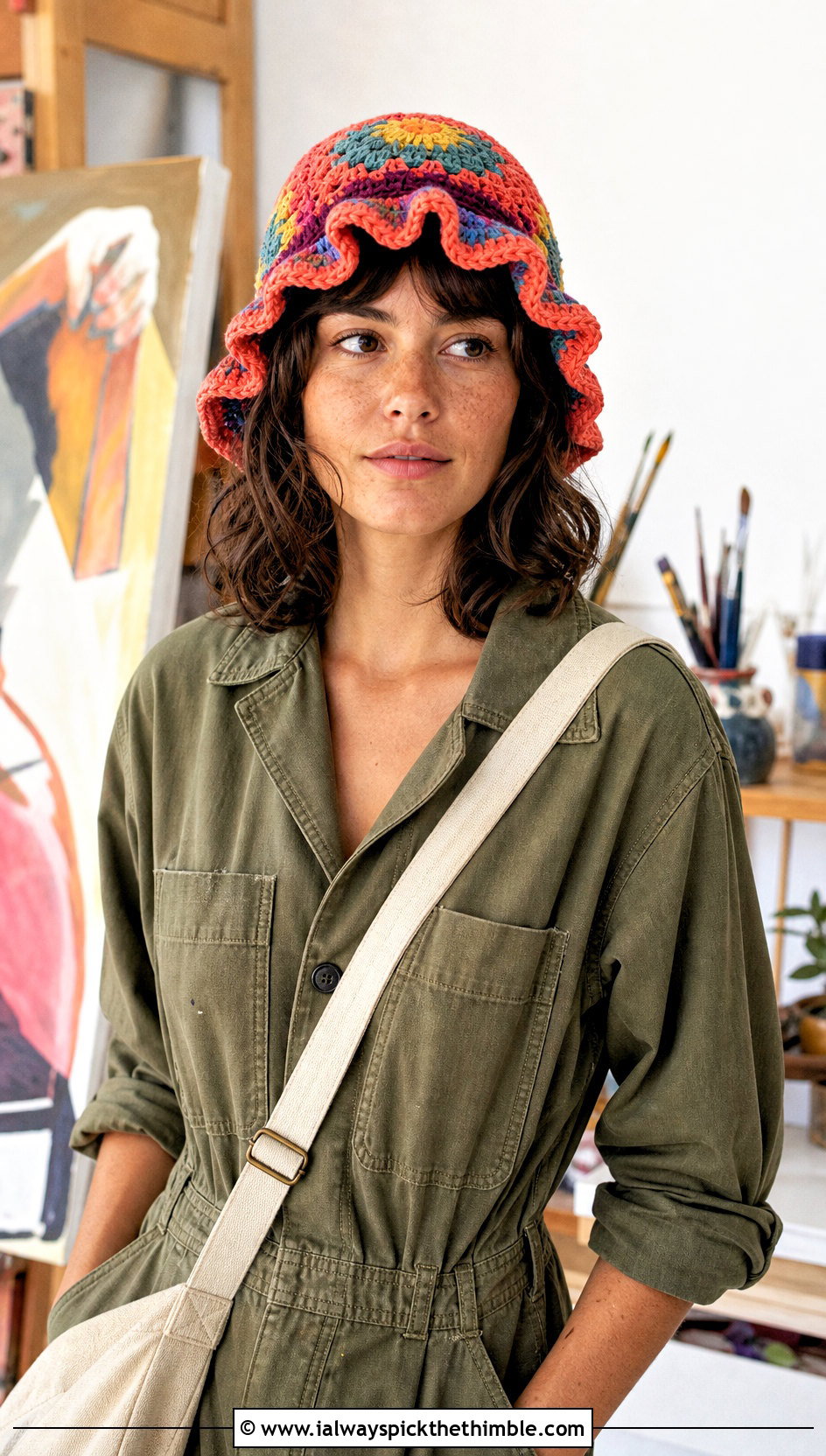 Sunburst Granny Crochet Ruffle Bucket Hat With Utility Jumpsuit - 25 crochet ruffle bucket hat outfit ideas