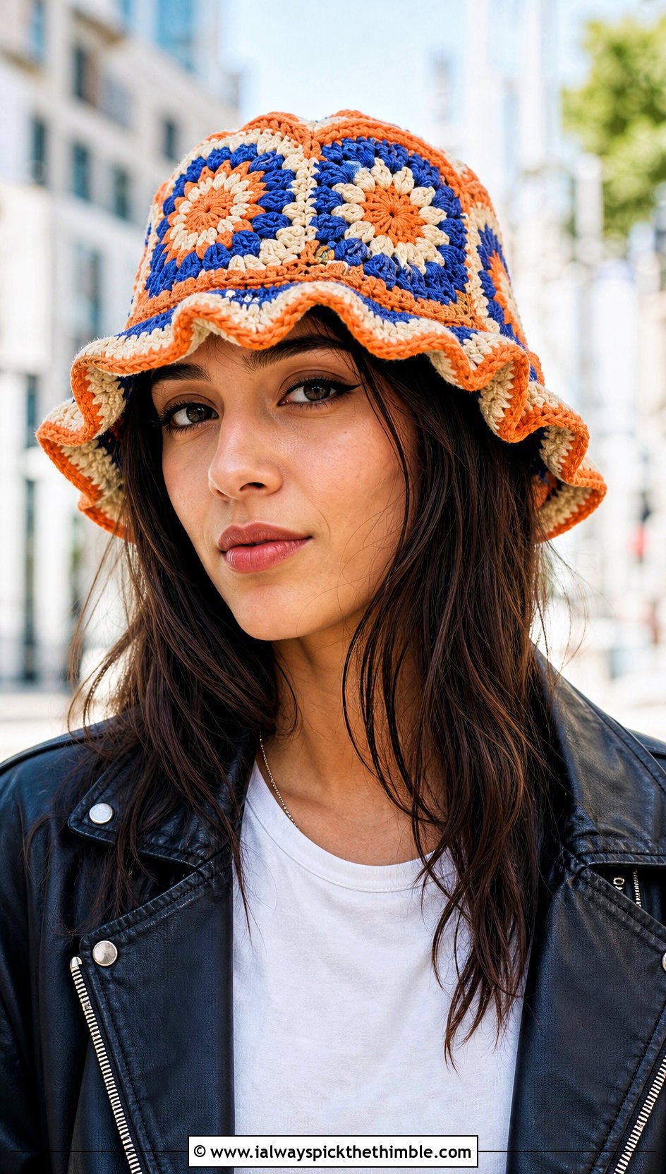 Sunburst Granny Ruffle Bucket Hat With Leather Jacket - 20 Crochet Bucket Hat With Ruffles outfit ideas