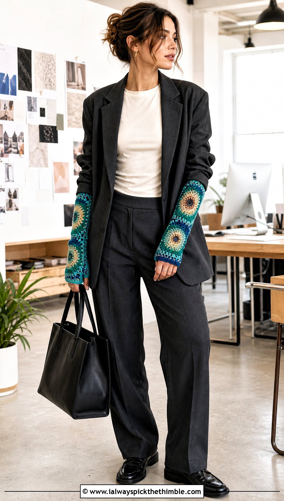 Sunburst Granny Square Arm Warmers With Blazer And Trousers - 20 Granny Square Arm Warmers outfit ideas