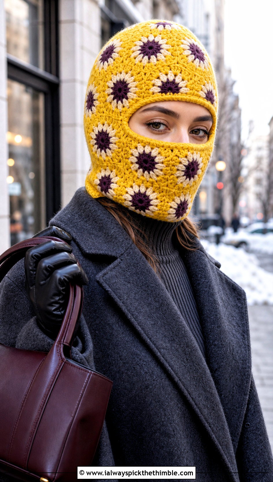 Sunburst Granny Square Balaclava With Wool Coat - 20 crochet granny square balaclava outfit ideas