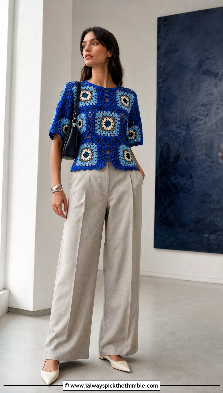 Sunburst Granny Square Blouse With Wide Leg Trousers - 25 Granny Square Blouse outfit ideas