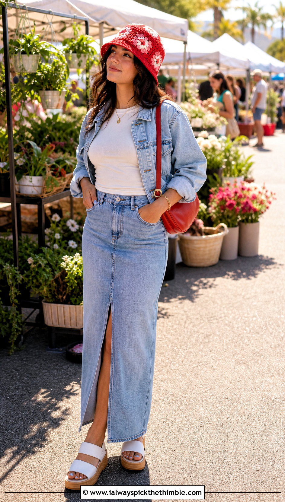 Sunburst Granny Square Bucket Hat With Denim Maxi Skirt - 20 granny crochet bucket hat outfit ideas