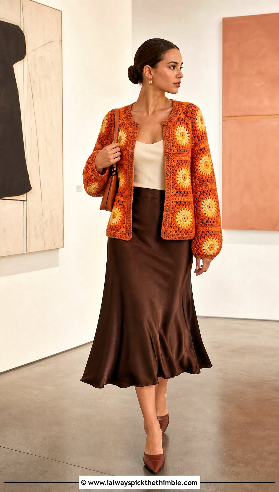 Sunburst Granny Square Cardigan With Satin Midi Skirt - 15 originally lovely granny square cardigan outfit ideas