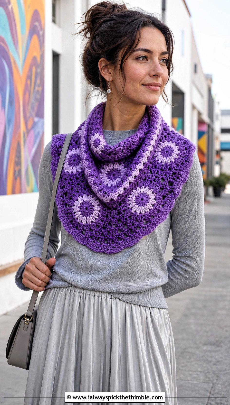 Sunburst Granny Square Cowl With Sweater and Maxi Skirt - 20 Granny Square Cowl outfit ideas