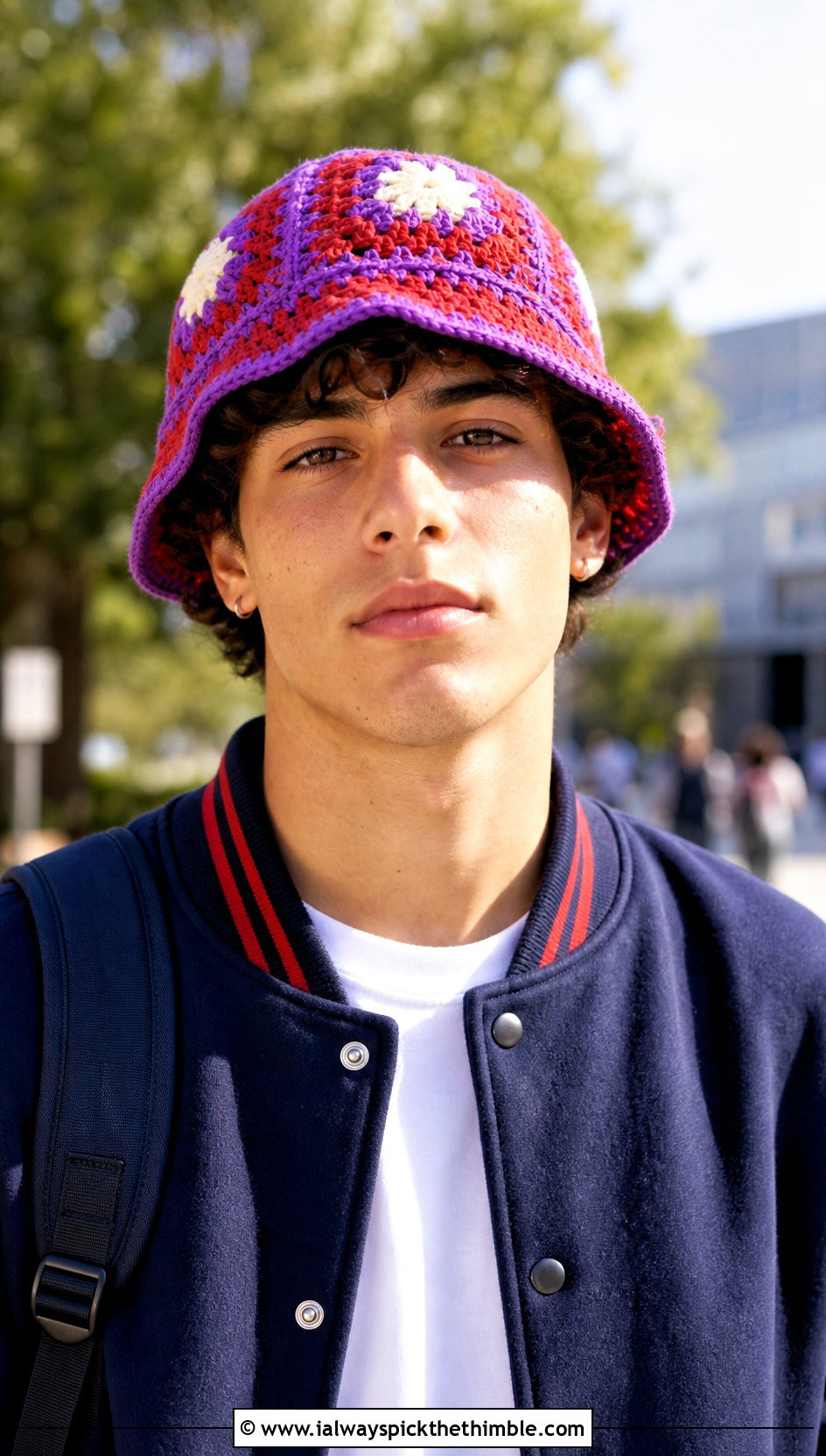 Sunburst Granny Square Crochet Bucket Hat With Varsity Jacket - 15 men's crochet bucket hat outfit ideas