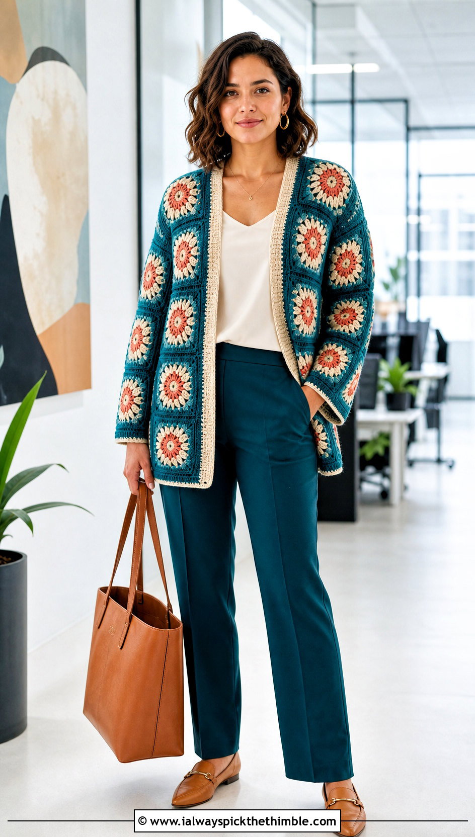Sunburst Granny Square Crochet Cardigan With Tailored Trousers - 20 Grant Square Crochet Cardigan outfit ideas