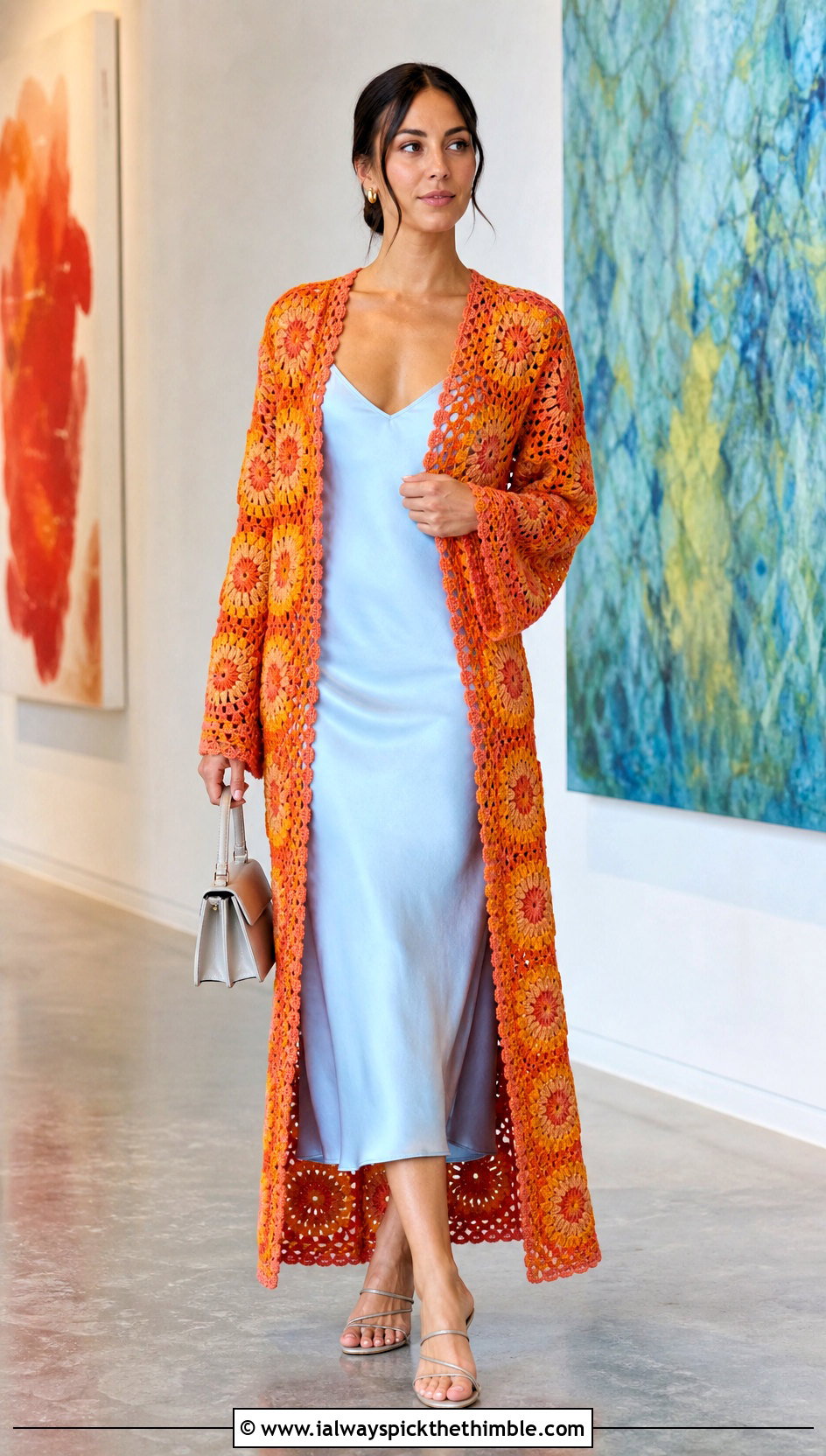 Sunburst Granny Square Crochet Duster With Satin Slip Dress - 15 Granny Square Crochet Duster outfit ideas