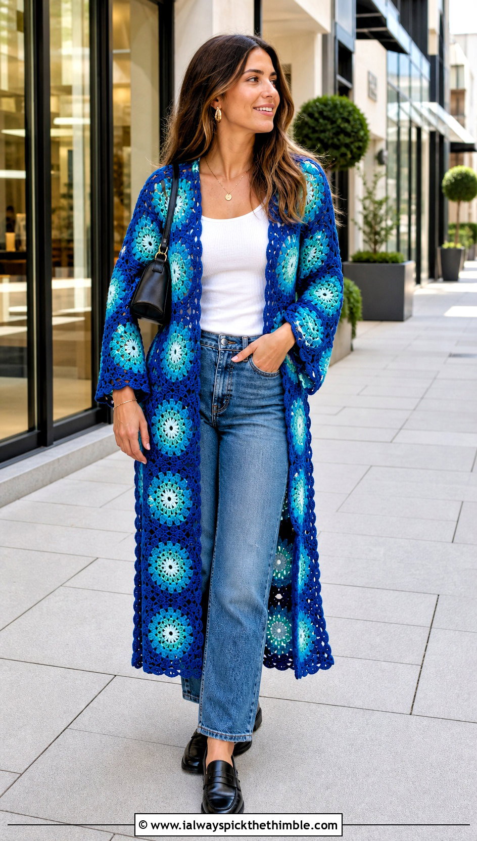 Sunburst Granny Square Duster With Straight Leg Jeans - 25 granny square duster outfit ideas