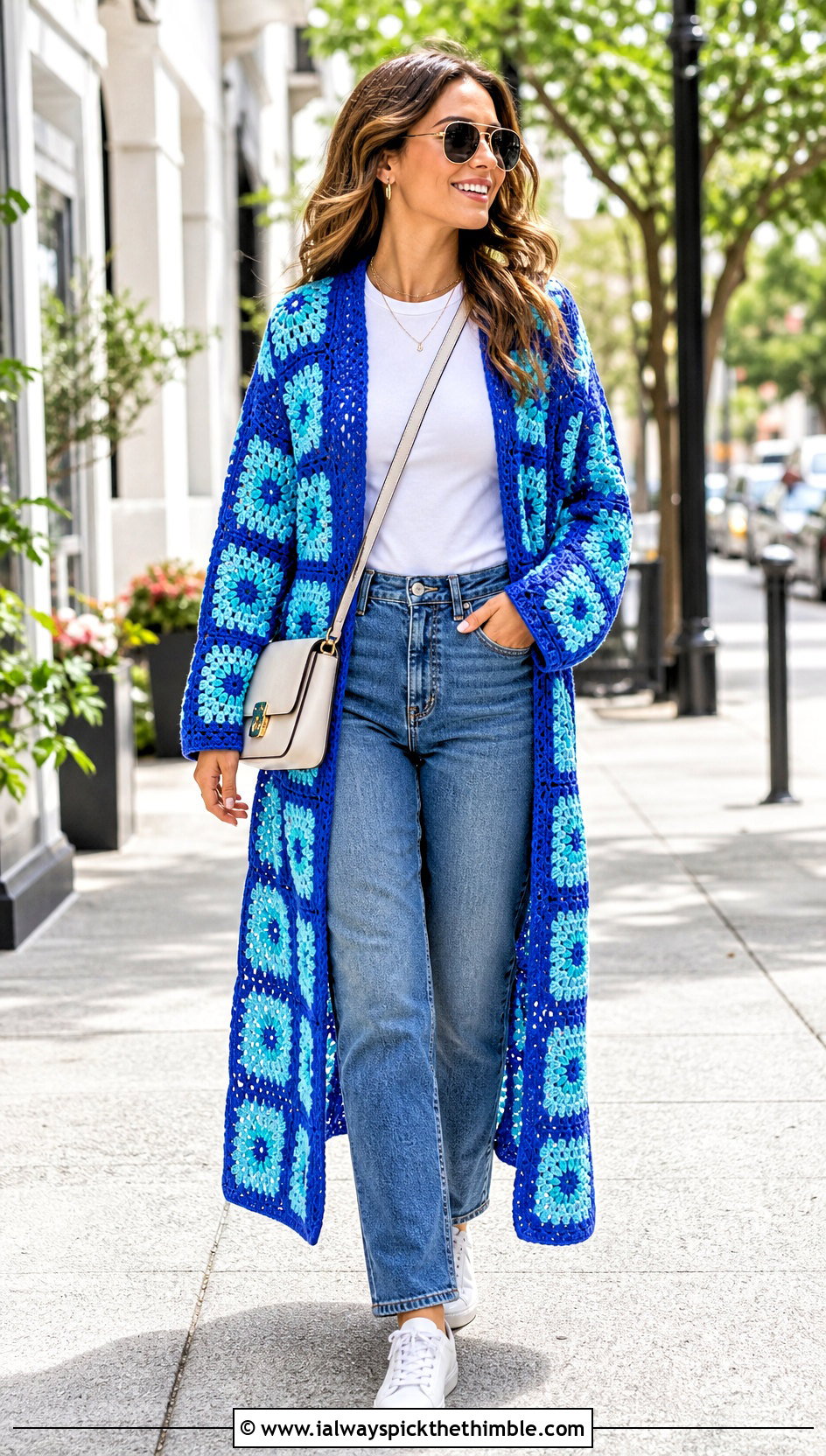 Sunburst Granny Square Duster With Straight Leg Jeans - 20 Crochet Granny Square Duster outfit ideas