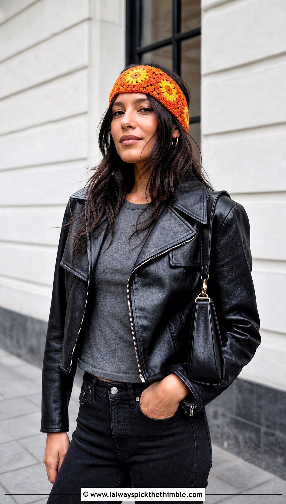 Sunburst Granny Square Headband With Leather Jacket And Black Jeans - 25 granny square headband outfit ideas