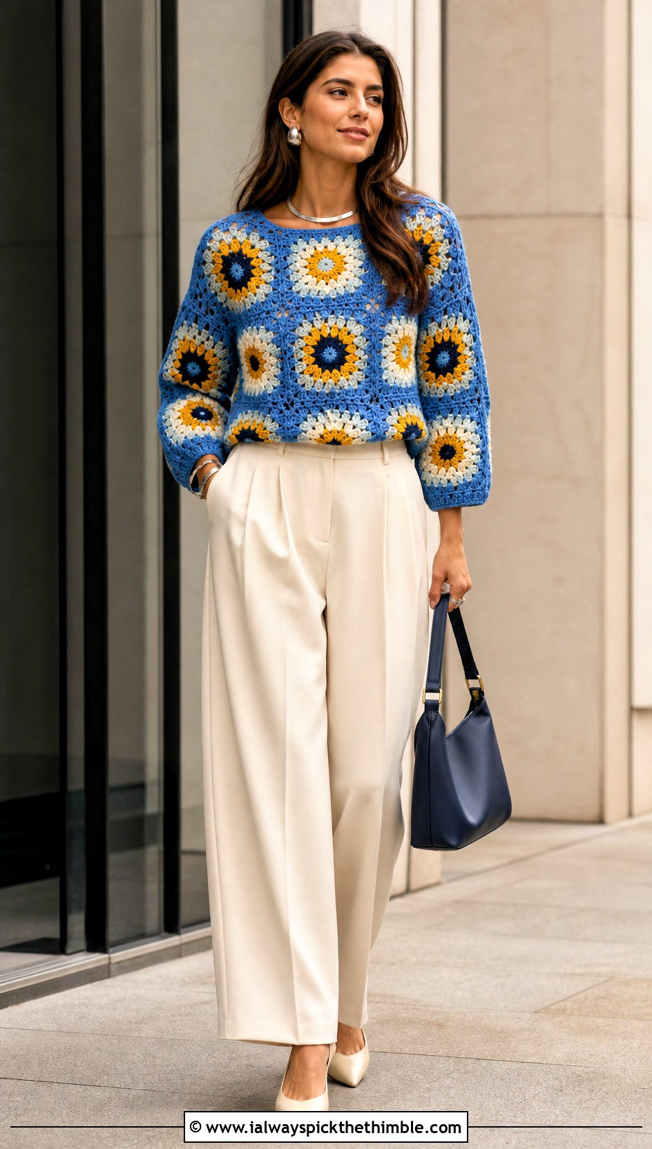 Sunburst Granny Square Jumper With Pleated Trousers - 20 crochet square jumper outfit ideas