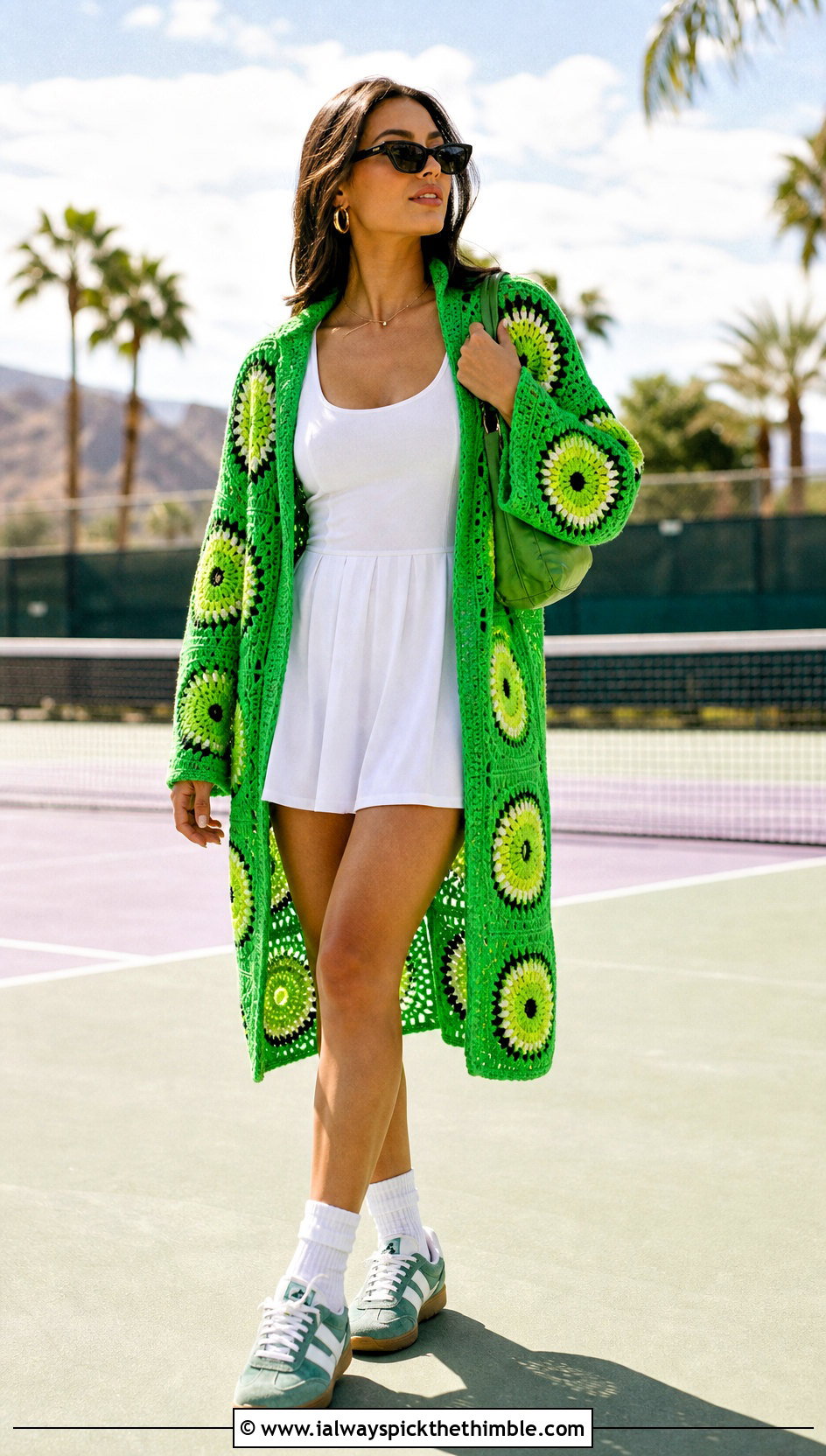 Sunburst Granny Square Kimono With Tennis Dress - 15 crochet granny square kimono outfit ideas